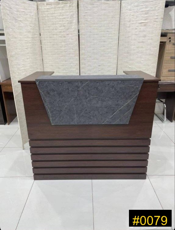 Reception Desk — Dark Brown Wood Grey Marble Reception Desk — 680 SAR