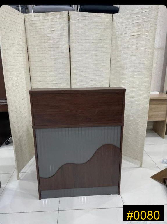 Reception Desk — Dark wood and gray wavy reception counter — 680 SAR