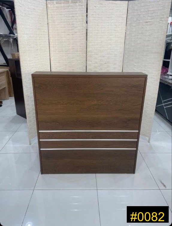 Reception Desk — Dark wood reception desk with white stripes — 680 SAR