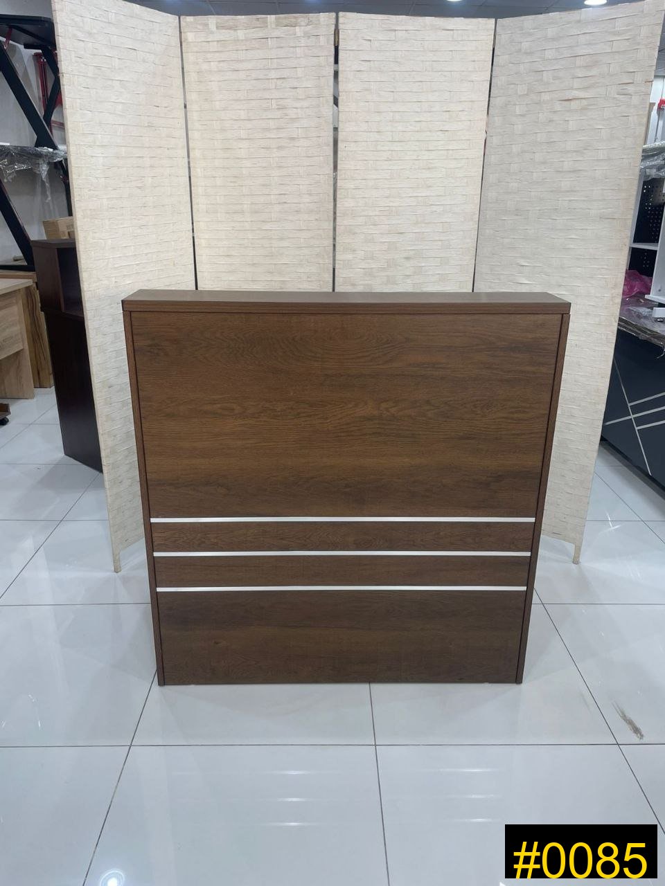 Reception Desk — Dark wood reception counter silver lines — 680 SAR