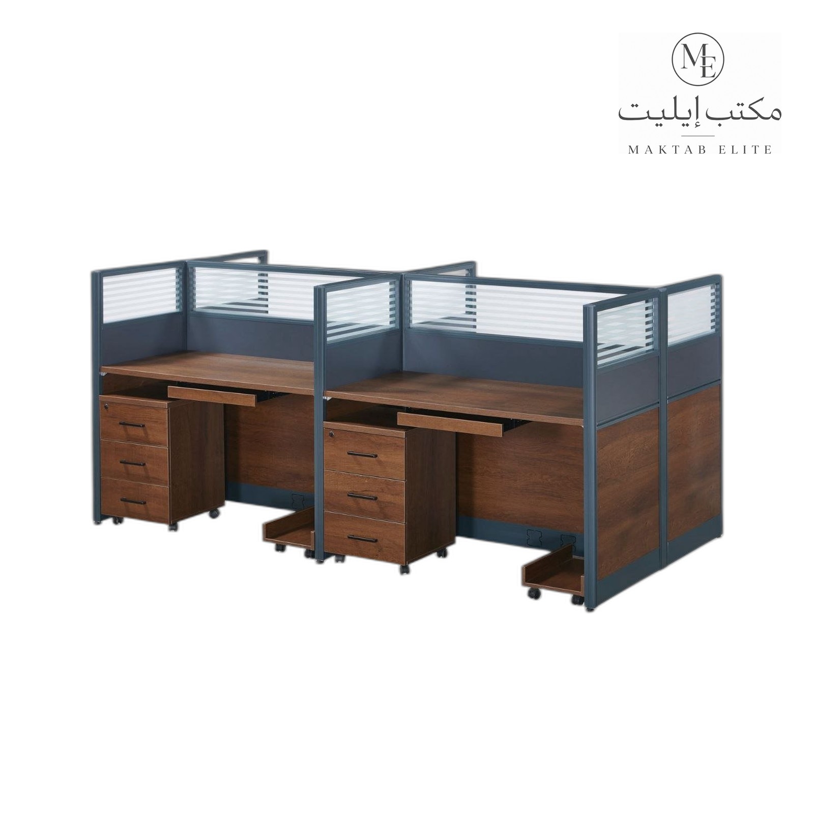 Office Workstation — Golden Wood and Gray 4-Person Workstation — 2100 SAR (4-sea